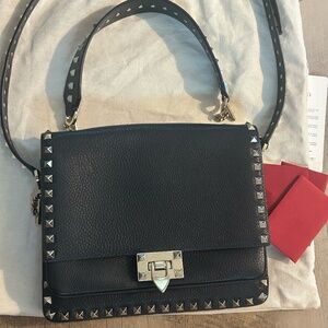 Valentino Garavani Rockstud Flip Lock Flap Top Handle Bag Leather Small Black